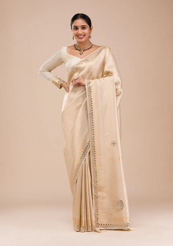 Beige_Silk_Jaal_Gold_Stonework_Saree_With_Matching_Blouse_Piece