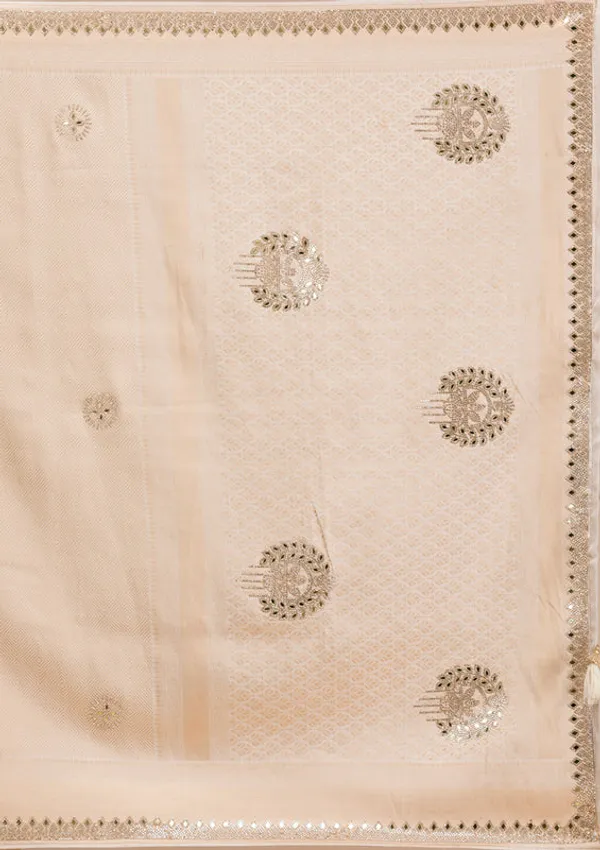 Beige_Silk_Jaal_Gold_Stonework_Saree_With_Matching_Blouse_Piece