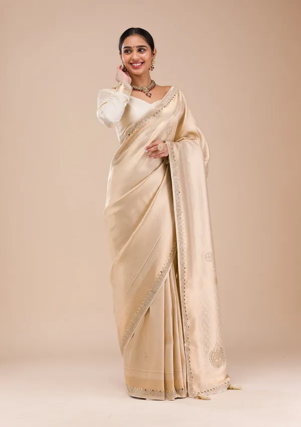 Beige_Silk_Jaal_Gold_Stonework_Saree_With_Matching_Blouse_Piece