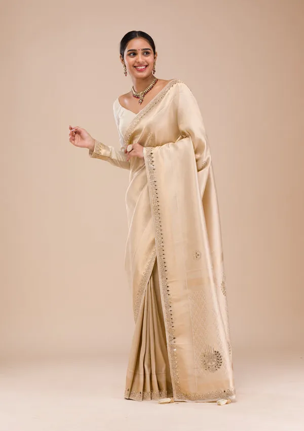 Beige_Silk_Jaal_Gold_Stonework_Saree_With_Matching_Blouse_Piece