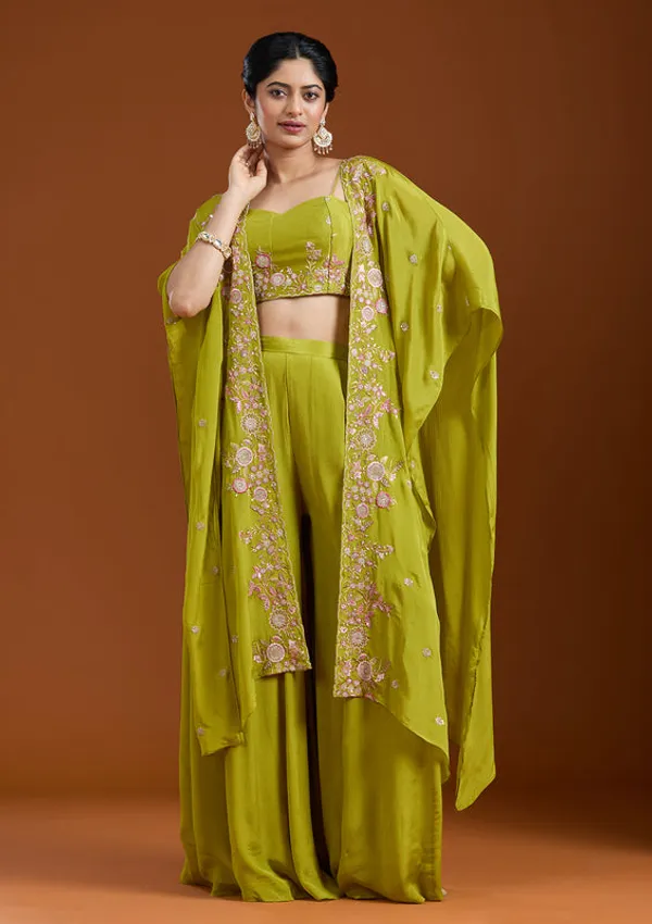 Mehandi_Green_Chinon_Threadwork_Jacket_Kurta_With_Palazzo_And_Dupatta