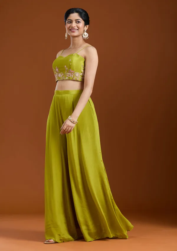 Mehandi_Green_Chinon_Threadwork_Jacket_Kurta_With_Palazzo_And_Dupatta