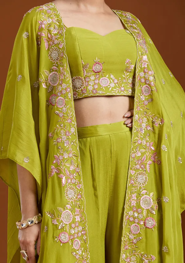 Mehandi_Green_Chinon_Threadwork_Jacket_Kurta_With_Palazzo_And_Dupatta