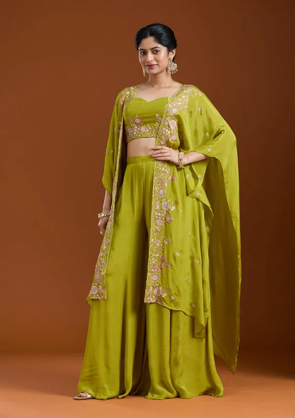 Mehandi_Green_Chinon_Threadwork_Jacket_Kurta_With_Palazzo_And_Dupatta