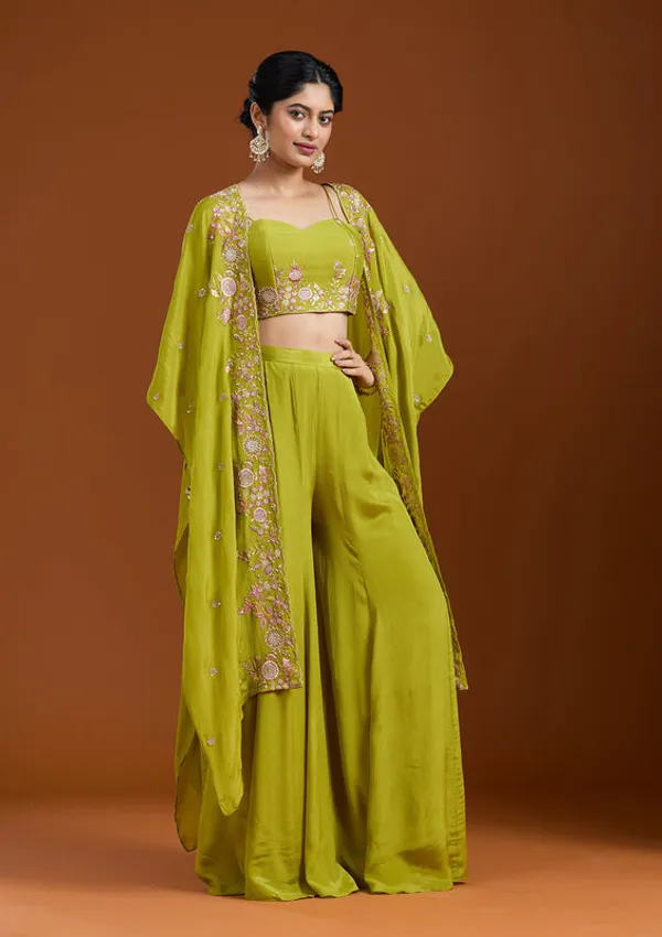 Mehandi_Green_Chinon_Threadwork_Jacket_Kurta_With_Palazzo_And_Dupatta
