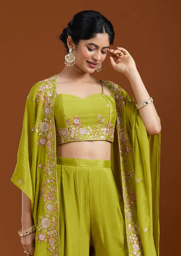 Mehandi_Green_Chinon_Threadwork_Jacket_Kurta_With_Palazzo_And_Dupatta