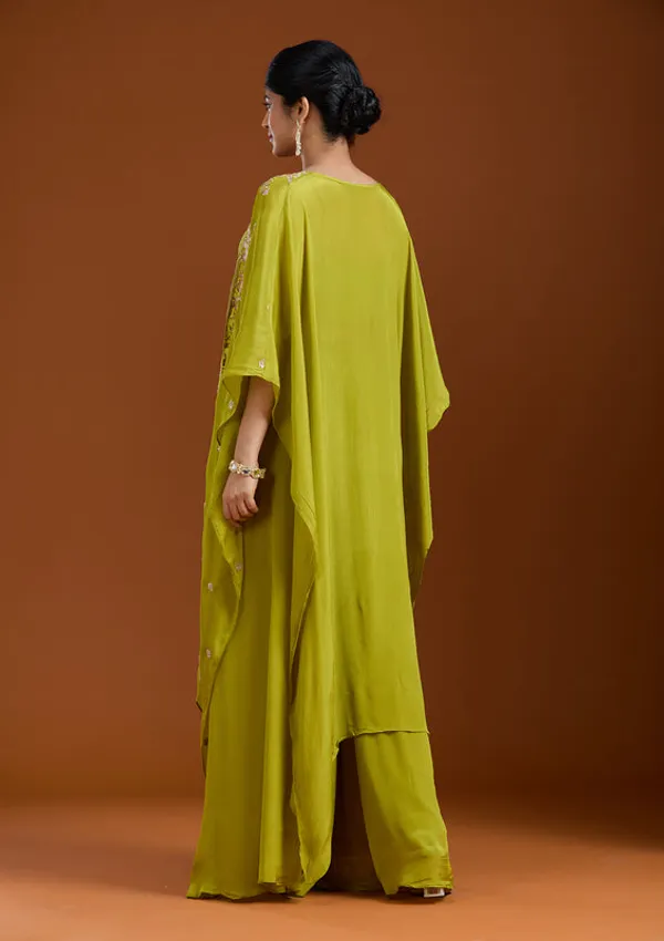Mehandi_Green_Chinon_Threadwork_Jacket_Kurta_With_Palazzo_And_Dupatta