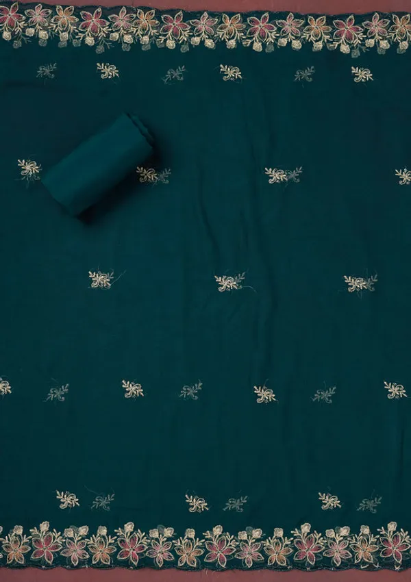 Peacock_Blue_Crepe_Threadwork_Unstitched_Dress_Material_With_Matching_Bottom_And_Dupatta