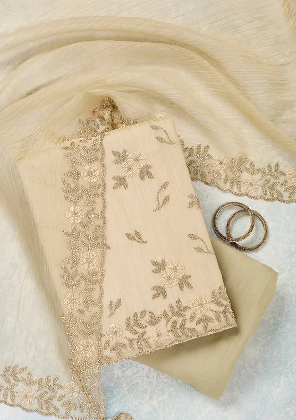 Beige_Tissue_Gold_Zardozi_Work_Unstitched_Dress_Material_With_Matching_Bottom_And_Dupatta