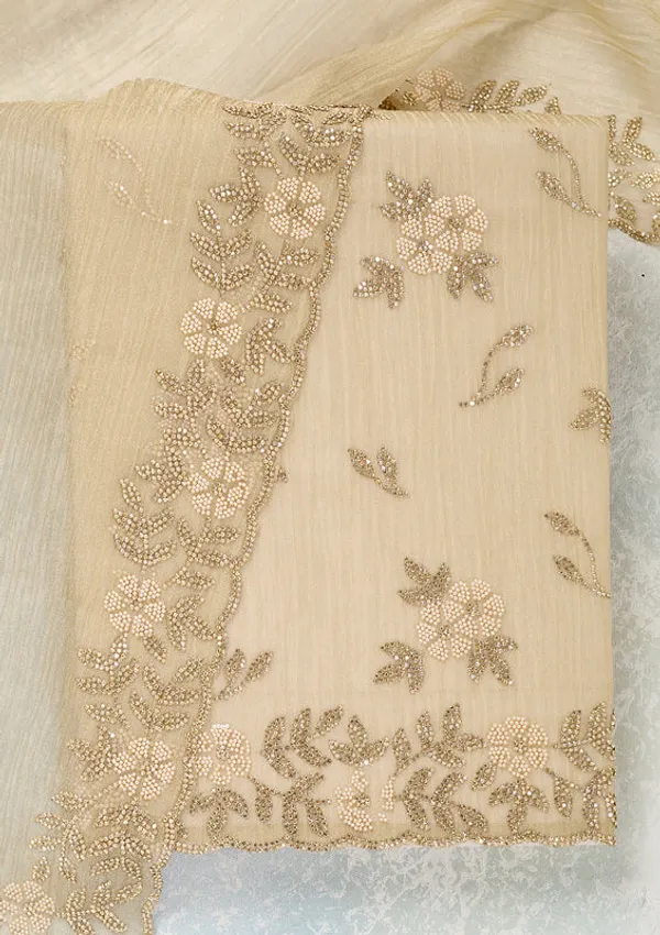 Beige_Tissue_Gold_Zardozi_Work_Unstitched_Dress_Material_With_Matching_Bottom_And_Dupatta