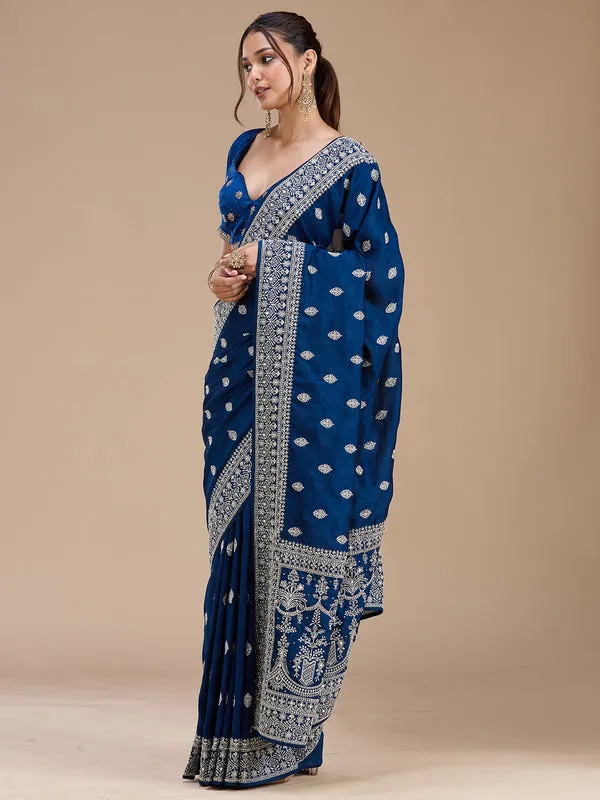 Peacock_Blue_Soft_Raw_Silk_Silver_Zariwork_Saree_With_Matching_Blouse_Piece