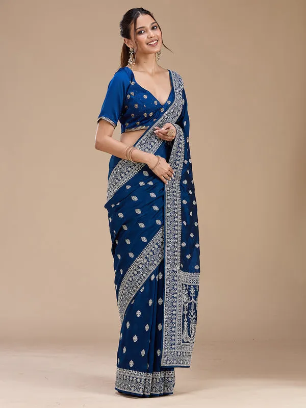 Peacock_Blue_Soft_Raw_Silk_Silver_Zariwork_Saree_With_Matching_Blouse_Piece
