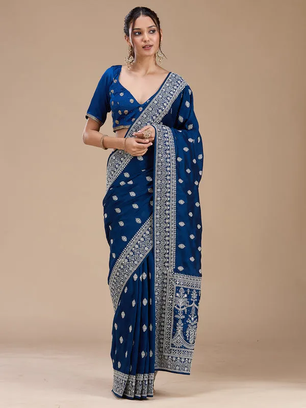 Peacock_Blue_Soft_Raw_Silk_Silver_Zariwork_Saree_With_Matching_Blouse_Piece