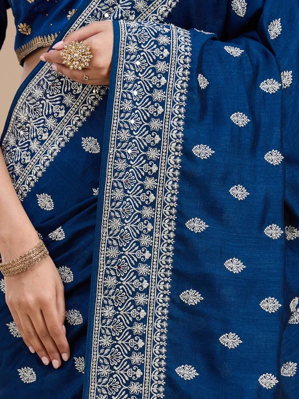 Peacock_Blue_Soft_Raw_Silk_Silver_Zariwork_Saree_With_Matching_Blouse_Piece