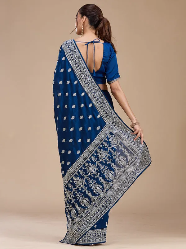 Peacock_Blue_Soft_Raw_Silk_Silver_Zariwork_Saree_With_Matching_Blouse_Piece