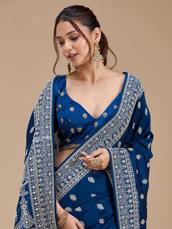 Peacock_Blue_Soft_Raw_Silk_Silver_Zariwork_Saree_With_Matching_Blouse_Piece