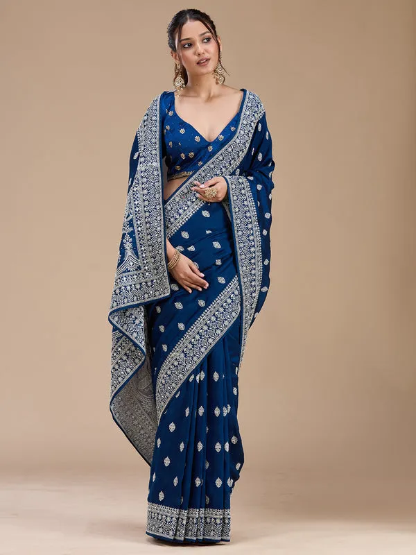 Peacock_Blue_Soft_Raw_Silk_Silver_Zariwork_Saree_With_Matching_Blouse_Piece