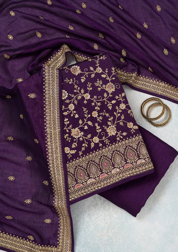 Purple_Soft_Raw_Silk_Cording_Unstitched_Dress_Material_With_Matching_Bottom_And_Dupatta