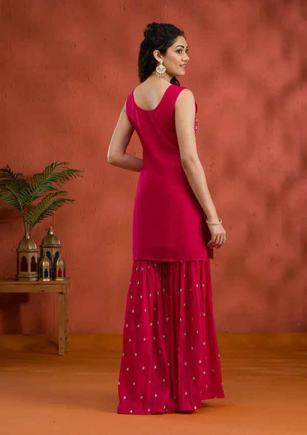 Rani_Pink_Tissue_Gold_Zariwork_Straight_Kurta_With_Sharara_And_Dupatta