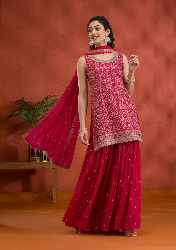 Rani_Pink_Tissue_Gold_Zariwork_Straight_Kurta_With_Sharara_And_Dupatta