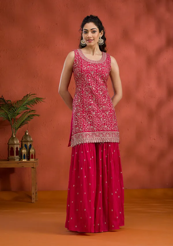 Rani_Pink_Tissue_Gold_Zariwork_Straight_Kurta_With_Sharara_And_Dupatta