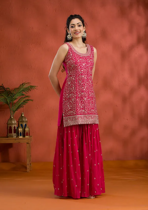 Rani_Pink_Tissue_Gold_Zariwork_Straight_Kurta_With_Sharara_And_Dupatta