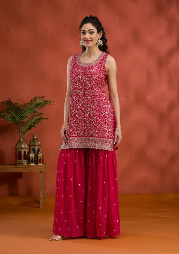 Rani_Pink_Tissue_Gold_Zariwork_Straight_Kurta_With_Sharara_And_Dupatta