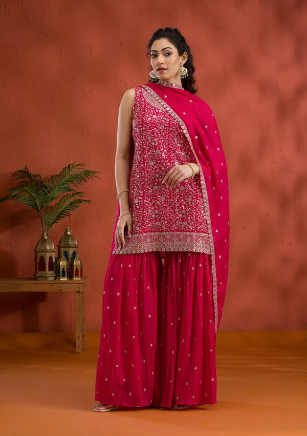 Rani_Pink_Tissue_Gold_Zariwork_Straight_Kurta_With_Sharara_And_Dupatta