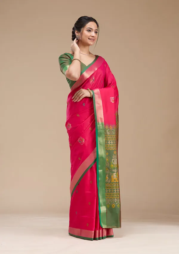 Rani_Pink_Silk_Buti_Gold_Zariwork_Saree_With_Matching_Blouse_Piece