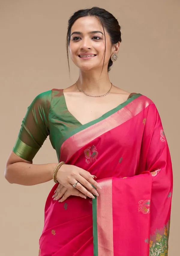 Rani_Pink_Silk_Buti_Gold_Zariwork_Saree_With_Matching_Blouse_Piece