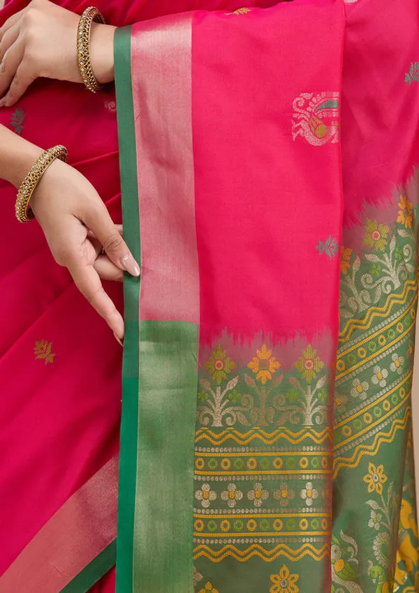 Rani_Pink_Silk_Buti_Gold_Zariwork_Saree_With_Matching_Blouse_Piece