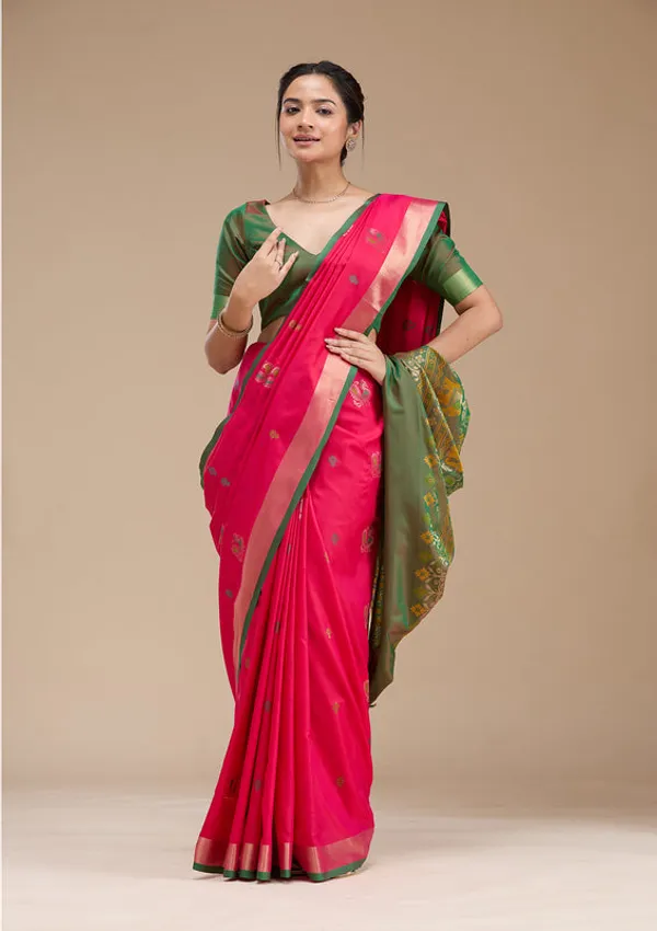 Rani_Pink_Silk_Buti_Gold_Zariwork_Saree_With_Matching_Blouse_Piece