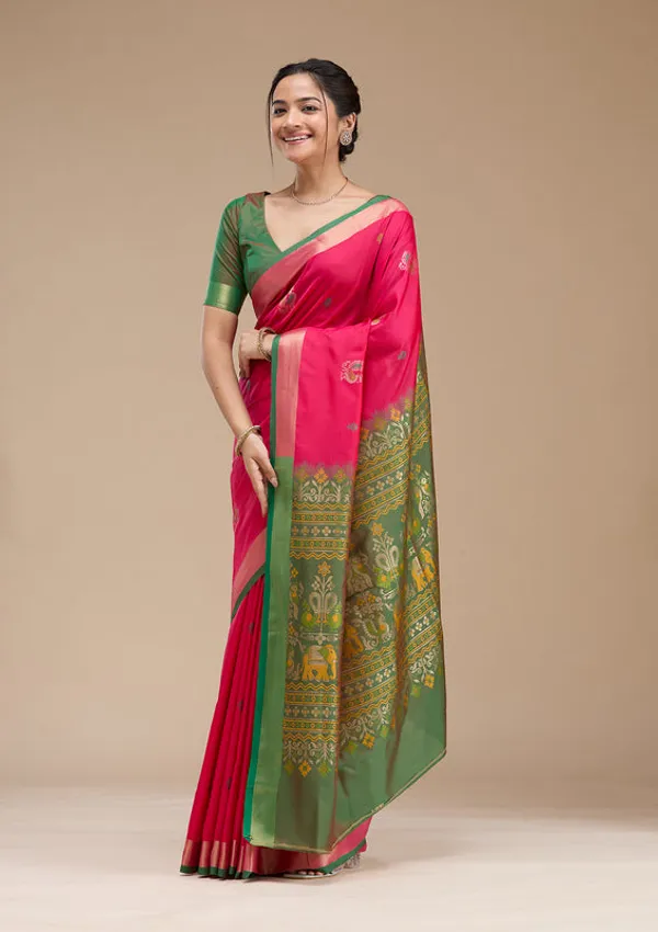 Rani_Pink_Silk_Buti_Gold_Zariwork_Saree_With_Matching_Blouse_Piece
