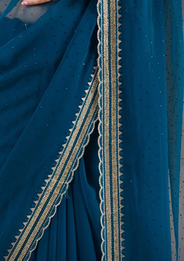 Peacock_Blue_Chiffon_Gold_Zariwork_Saree_With_Matching_Blouse_Piece