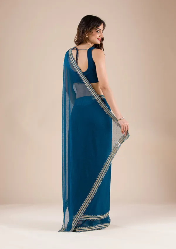 Peacock_Blue_Chiffon_Gold_Zariwork_Saree_With_Matching_Blouse_Piece