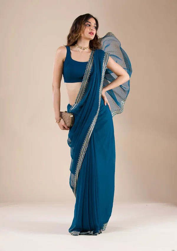 Peacock_Blue_Chiffon_Gold_Zariwork_Saree_With_Matching_Blouse_Piece
