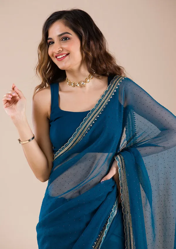 Peacock_Blue_Chiffon_Gold_Zariwork_Saree_With_Matching_Blouse_Piece