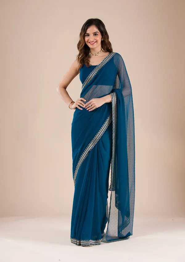 Peacock_Blue_Chiffon_Gold_Zariwork_Saree_With_Matching_Blouse_Piece