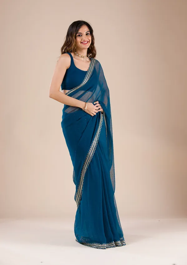 Peacock_Blue_Chiffon_Gold_Zariwork_Saree_With_Matching_Blouse_Piece
