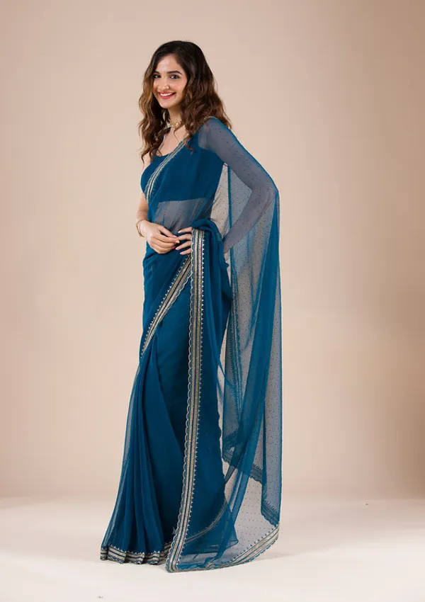 Peacock_Blue_Chiffon_Gold_Zariwork_Saree_With_Matching_Blouse_Piece