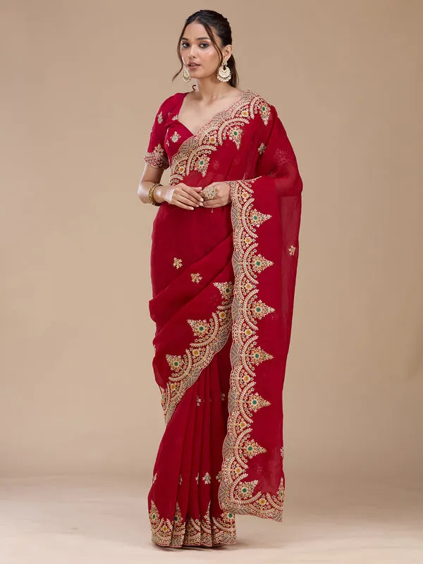 Red_Georgette_Cording_Saree_With_Matching_Blouse_Piece