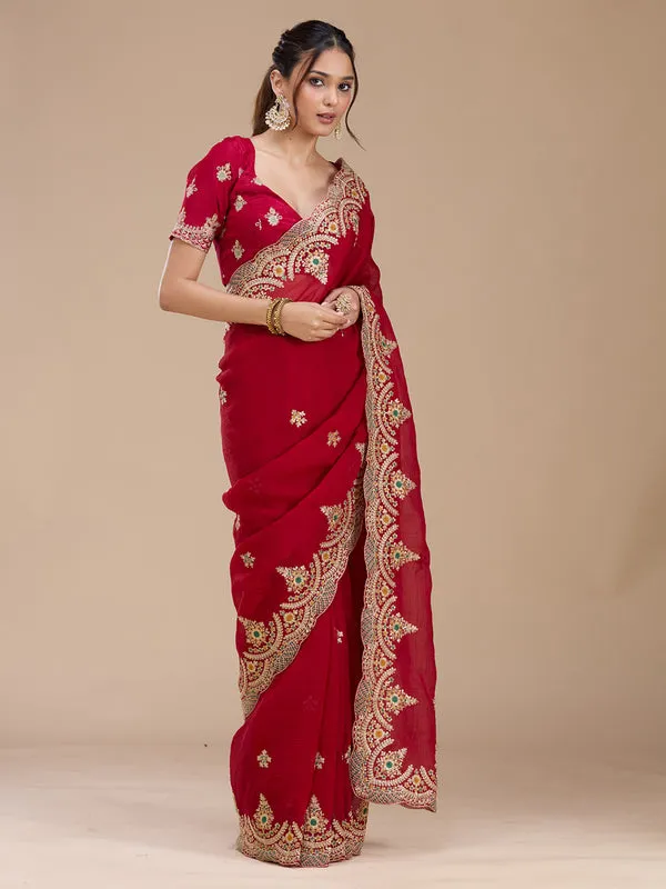 Red_Georgette_Cording_Saree_With_Matching_Blouse_Piece