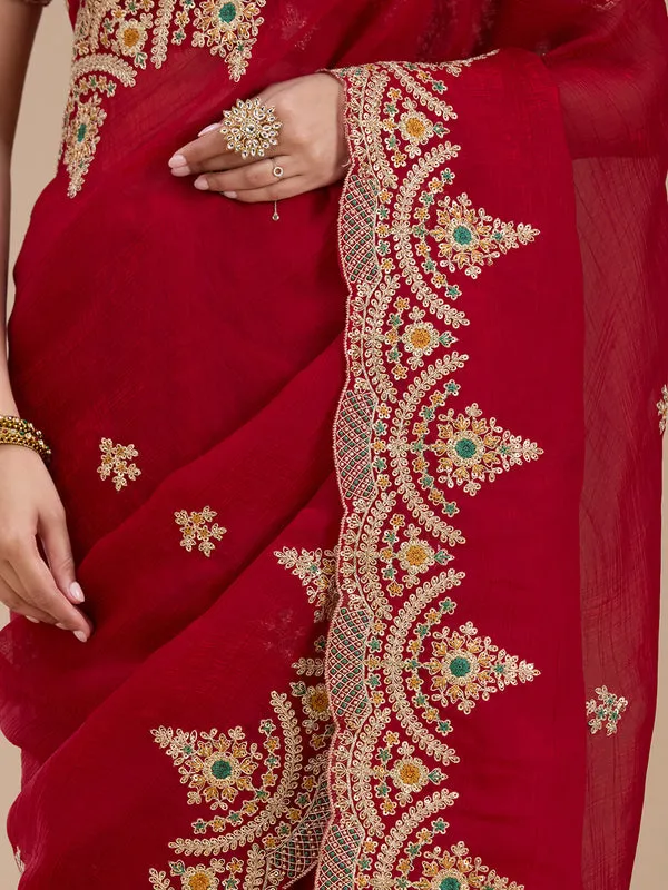 Red_Georgette_Cording_Saree_With_Matching_Blouse_Piece