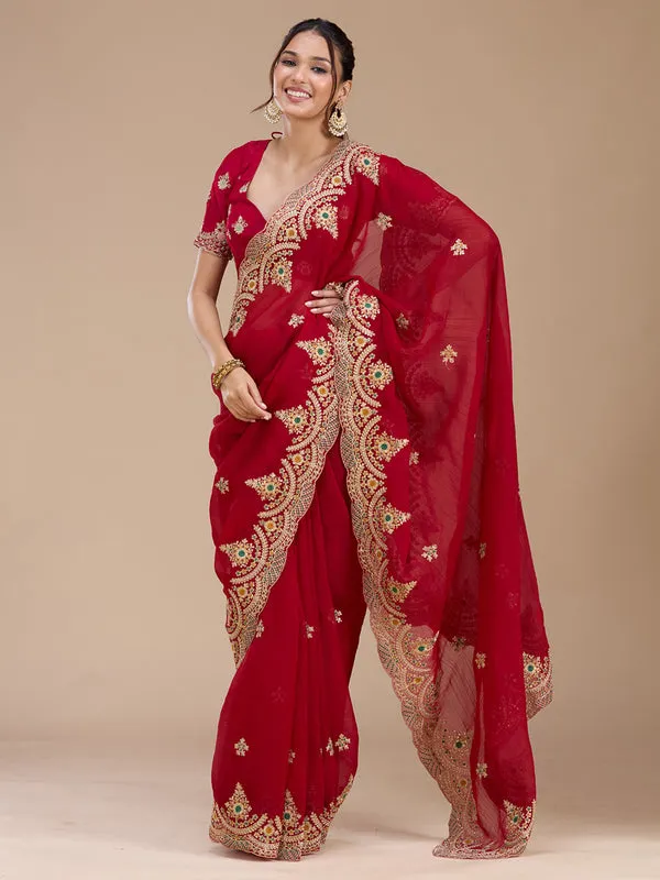 Red_Georgette_Cording_Saree_With_Matching_Blouse_Piece