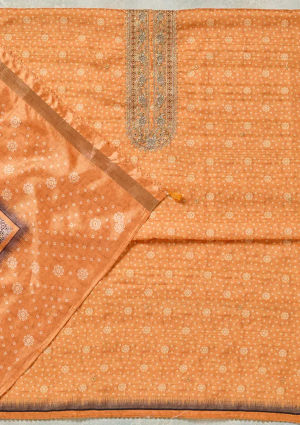 Orange_Chanderi_Bandhej_Gold_Zariwork_Unstitched_Dress_Material_With_Matching_Bottom_And_Dupatta