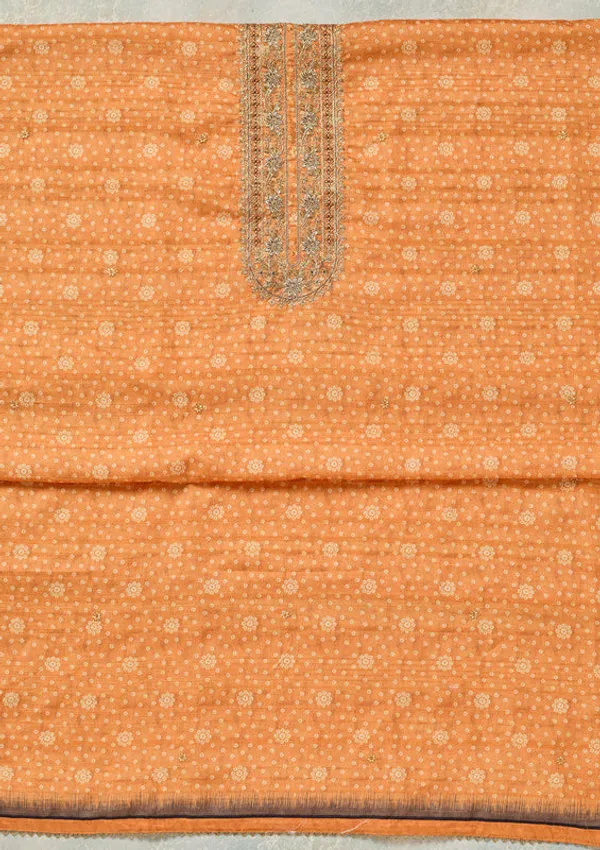 Orange_Chanderi_Bandhej_Gold_Zariwork_Unstitched_Dress_Material_With_Matching_Bottom_And_Dupatta