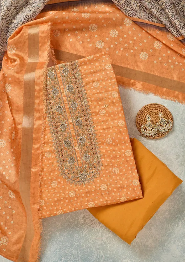 Orange_Chanderi_Bandhej_Gold_Zariwork_Unstitched_Dress_Material_With_Matching_Bottom_And_Dupatta