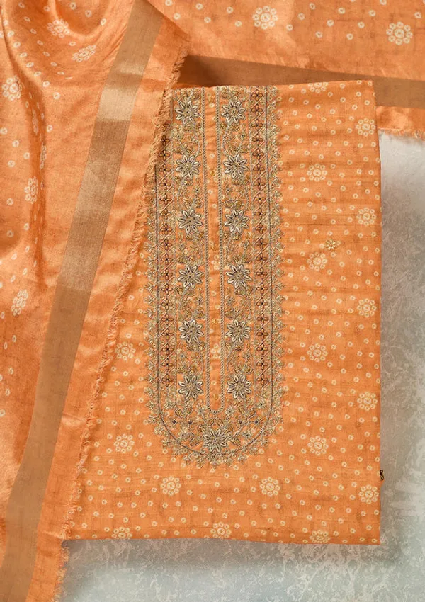 Orange_Chanderi_Bandhej_Gold_Zariwork_Unstitched_Dress_Material_With_Matching_Bottom_And_Dupatta