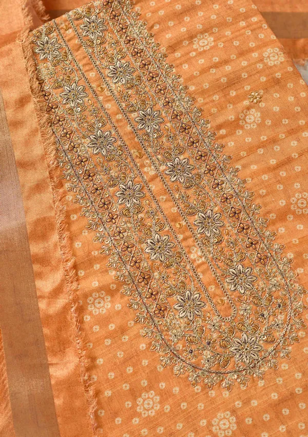 Orange_Chanderi_Bandhej_Gold_Zariwork_Unstitched_Dress_Material_With_Matching_Bottom_And_Dupatta