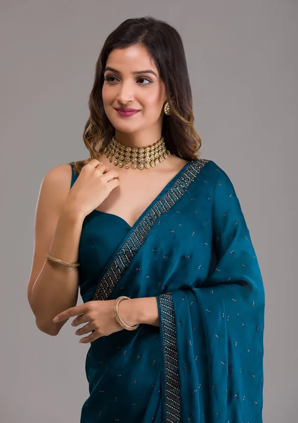 Peacock_Blue_Crepe_Silver_Stonework_Saree_With_Matching_Blouse_Piece